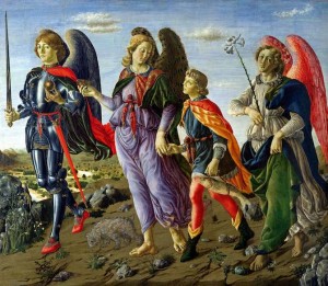 Les trois archanges : Michel, Gabriel (avec le lys) et Raphaël (tient Tobie par la main) par Francesco Botticini.