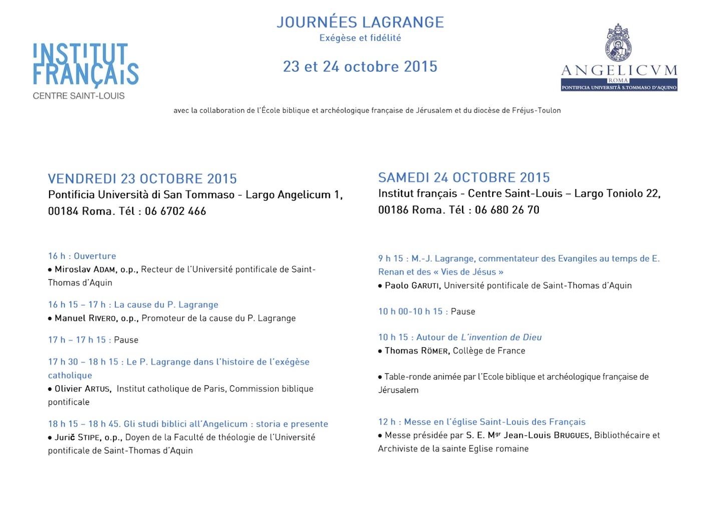 Journées Lagrange. Rome. 23-24 octobre 2015