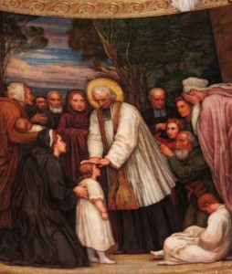 Saint Curé d'Ars bénit les enfants (détail). Peinture de Paul Borel. Basilique d'Ars