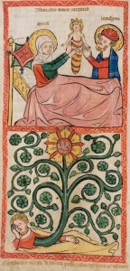 Nativity of Marie Speculum Humanae Salvationis, Westfalen oder Köln, um 1360. ULB Darmstadt, Hs 2505, fol. 8v